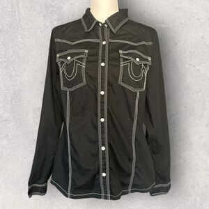 True Religion Big T Western Shirt in a black wash with white contrast stitching